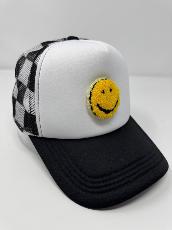 Hand Crafted Accessories - 3D Smiley Face Buffalo Plaid Trucker Hat SnapBack